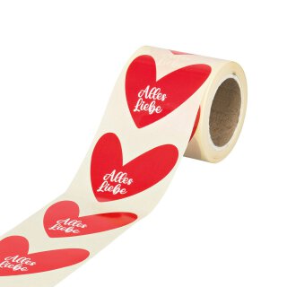 Sticker Herzform "Alles Liebe", 50 mm, Rot, Papier-Aufkleber, 200 Stück im Spender