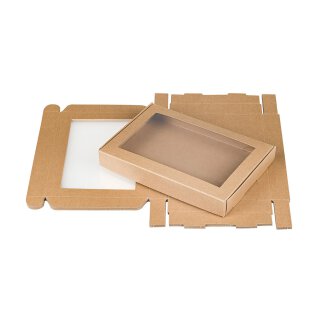 Faltschachtel mit Fenster und Klappdeckel 13,6 x 19,6 x 2,5 cm, Braun, Kraftkarton - 10er Pack