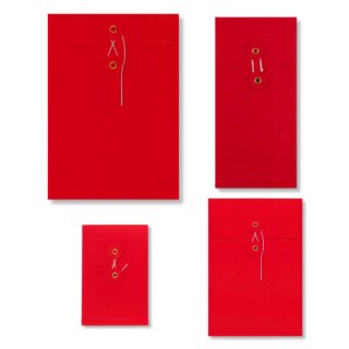 Envelope + 25 mm fold, red, string closure, kraft paper various sizes