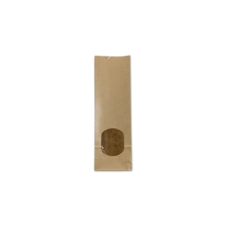 Block bottom bag 80 x 245 x 50 mm, brown, kraft paper ribbed, two-ply, w. window