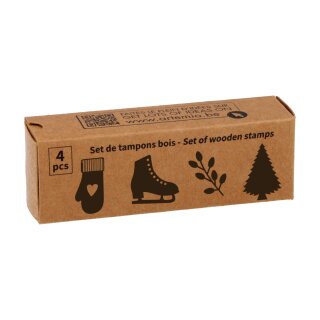 Lot de tampons en bois « Noël » – 4 tampons représentant un sapin, un patin, une branche et un gant
