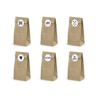 6 Cookie and candy bags, sticker with 6 diff. motifs, kraft paper