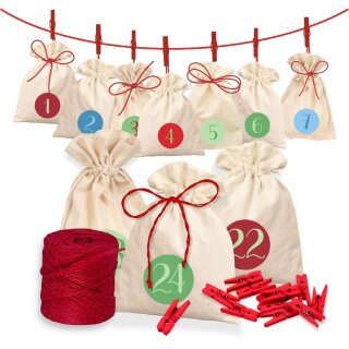 Advent calendar craft set, 24 cotton bags, 24 number stickers, jute twine, wooden clips