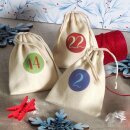 Advent calendar craft set, 24 cotton bags, 24 number stickers, jute twine, wooden clips
