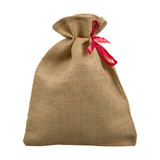 Jutebeutel mit rotem Zugband, 33 x 24 cm, natur braun,...