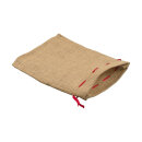 Jute bag with red drawstring, 25 x 18 cm, natural brown, jute pouch