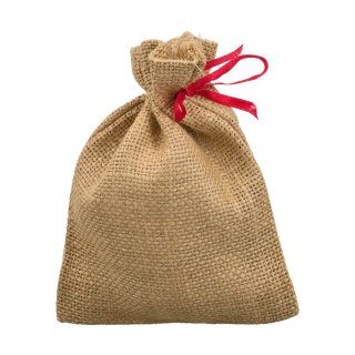 Jutebeutel mit rotem Zugband, 18 x 13 cm, natur braun,...