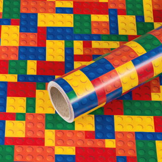 Gift wrap with building blocks, multicoloured, 0.70 x 10 m – birthday wrapping paper for children