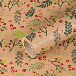Gift wrapping paper with branches,  green and red, 0.70 x 10 m, kraft paper - Birthday paper, 0.70 x 10 m