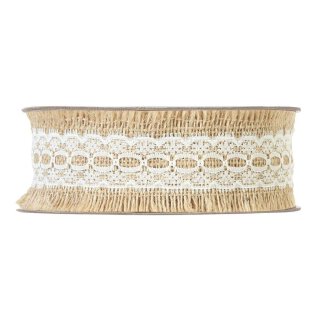 Decoration ribbon with lace, natural and white, two-coloured, 50 mm x 9 m, 100% jute, gift ribbon, jute ribbon
