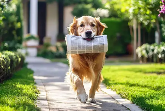 Ein Hund läuft auf einem gepflasterten Weg durch einen Garten und trägt eine zusammengerollte Zeitung im Maul