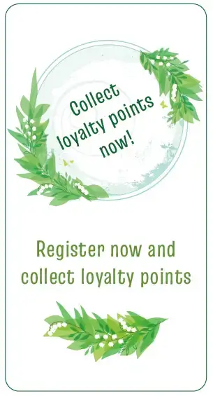 Graphic with green leaf decoration and the messages “Collect loyalty points now!” and “Register now and collect loyalty points” on a light background.