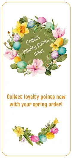 Spring graphic with floral Easter wreath, colorful eggs and the words 