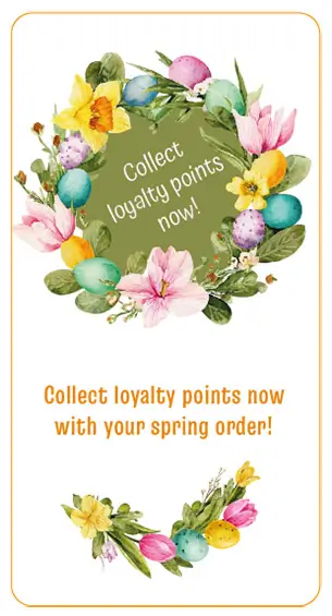 Spring-themed graphic with a floral Easter wreath, colourful eggs and the text “Collect loyalty points now”, plus a note about loyalty points for spring orders.