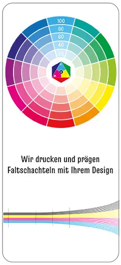 Farbfächer in Kreisform mit Skala und Schriftzug „Wir drucken und prägen Faltschachteln mit Ihrem Design“ auf weißem Hintergrund