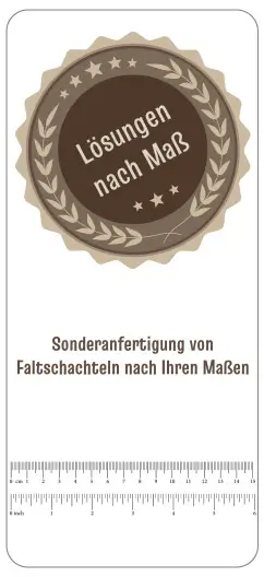 Abzeichen mit Aufschrift „Lösungen nach Maß“ und Text „Sonderanfertigung von Faltschachteln nach Ihren Maßen“ auf weißem Hintergrund