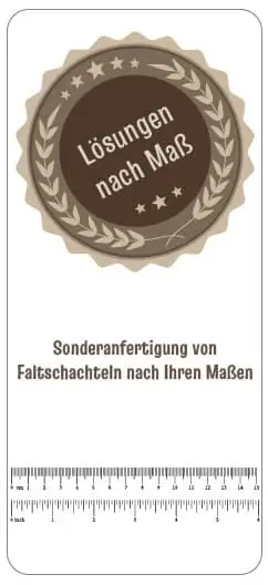 Abzeichen mit Aufschrift „Lösungen nach Maß“ und Text „Sonderanfertigung von Faltschachteln nach Ihren Maßen“ auf weißem Hintergrund