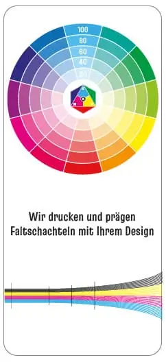 Farbfächer in Kreisform mit Skala und Schriftzug „Wir drucken und prägen Faltschachteln mit Ihrem Design“ auf weißem Hintergrund