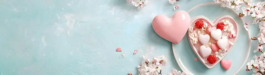 Pastellblauer Hintergrund mit rosa Herzschale, gefüllt mit Herzpralinen, Himbeeren und Blüten.
