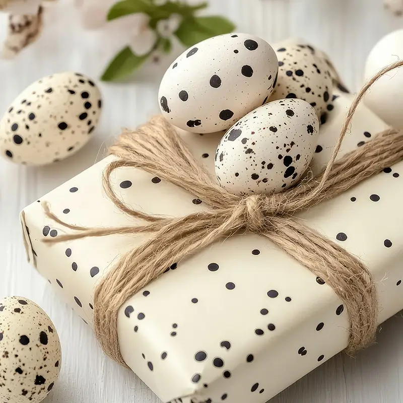 Gift in speckled paper with jute ribbon and decorative quail eggs on a light wood surface.