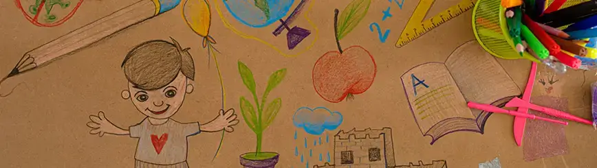 Kraft paper with colorful children's drawings for the start of school, pencils and ruler on the right. Several colorful children's drawings can be seen on the kraft paper: a smiling boy with outstretched arms and a red heart on his T-shirt, next to a balloon and a small potted plant. On the right is a red apple, a cloud with raindrops, a castle/castle sketch as well as math symbols (