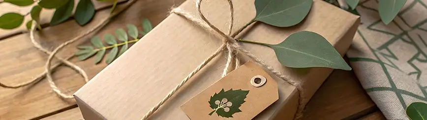 In braunem Kraftpapier verpacktes Pächcken mit Jutegarn als Geschenkband und einem grünem Blatt als Hangtag